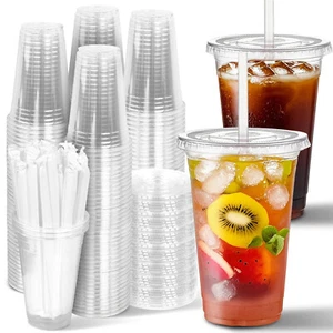 [100 Sets]  Clear Plastic Cups with lids - Picture 1 of 14