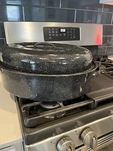 Vintage Enamelware Roaster Pan Graniteware w/Lid Blue/White Speckled Oval 16x12” - Picture 1 of 6