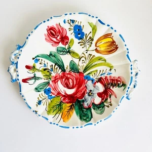 1930s Hand-Painted Italian Nove Rose Platter 12.5" with Edge Handle, Rose Plate - Picture 1 of 7