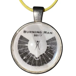 Burning Man 2017 Pendant Necklace Round Map Logo Silvertone Yellow Cord Souvenir - Picture 1 of 5