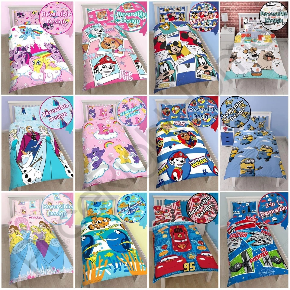 KIDS GIRLS BOYS SINGLE DUVET COVER SETS - PRINCESS, NEMO, CARS, MINIONS - Image 1 of 1