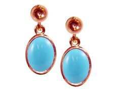 9ct Rose Gold Natural Turquoise Oval Single Drop Dangling Studs Earrings British