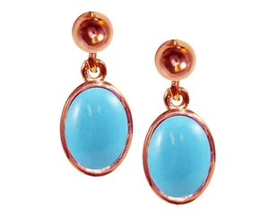 9ct Rose Gold Natural Turquoise Oval Single Drop Dangling Studs Earrings British - Picture 1 of 4