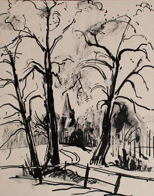 Gerhard Schulte-Dahling Dorf Kirche Holzkirche Expressionismus Tusche Zeichnung - Bild 1 von 3