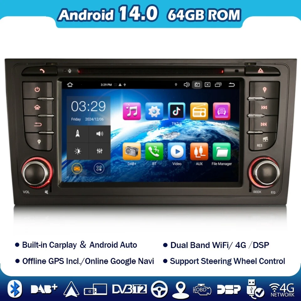 8 Kern Android 14 DAB+Navi DVD Autoradio für Audi A6 S6 RS6 Allroad WIFI Carplay - Bild 1 von 4