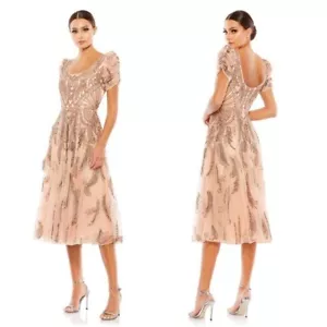 Vestido midi MAC DUGGAL 5434 rosa albaricoque lentejuelas adornado con cuentas manga abullonada 4 - Imagen 1 de 5