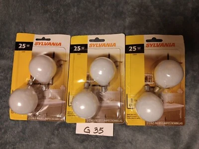 6 Sylvania 25W G16.5 White Vanity Globe Bulbs Candelabra Base Made In Thailand - Image 1 of 2