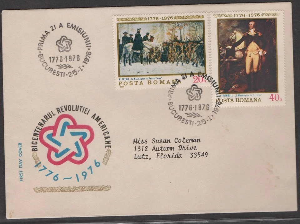 ROMANIA 1976 FDC WASHINGTON AT VALLEY FORGE AMERICAN BICENTENNIAL ART PAINTING - Image 1 of 1