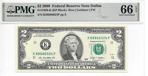 2009 Dallas $2 FRN Lucky Money KP Block PMG 66 EPQ Gem Uncirculated (K88886024P) - Picture 1 of 2