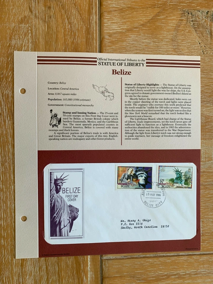 BELIZE 1986 FDC STATUE OF LIBERTY TRIBUTE AUGUSTE BARTHOLDI - Image 1 of 1