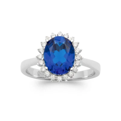 Anello Marquise Zaffiro Zirconio Rotondo Argento Massiccio 925/000 Rodio T50 Da - Immagine 1 di 4