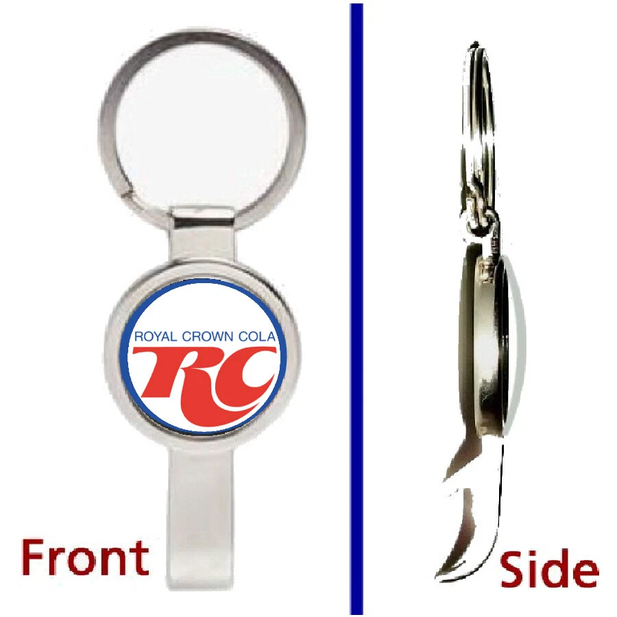 Pingente ou chaveiro retrô RC Royal Crown Cola tom prata abridor de garrafa secreto - Imagem 1 de 1