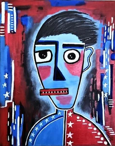 A.Z. Davis Painting Abstract Modern Pop Art Street Folk Art Man Blue 20" x 16" - Picture 1 of 4
