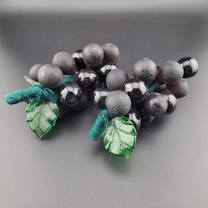Vintage lila Amethyst Glas Traube Cluster mit Blatt matt klar MCM Set von 2 - Bild 1 von 9