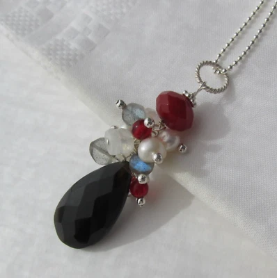 DeLuxe Chalzedon Mondstein Labradorit Karneol Perlen Anhänger Kette 925 Silber - Bild 1 von 4