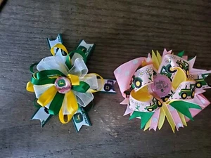 Lot of 2 John Deere Girls Hair Bow Ribbon Clip Pink Daddy's Little Girl Tractor - Picture 1 of 7