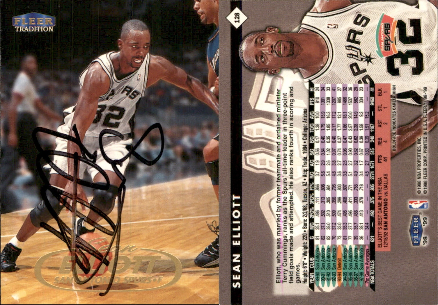 Sean Elliott Signed 1998-99 Fleer Tradition #128 Card San Antonio Spurs Auto AU