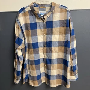 COLUMBIA Mens XXL Button Up Plaid Long Sleeve Brown Blue Hiking Outdoor - Picture 1 of 7