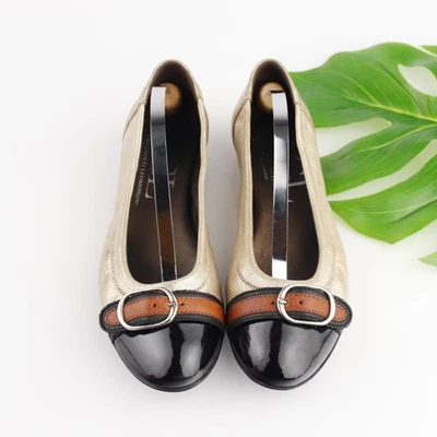 AGL Womens Buckle Ballet Flat Size 38 8 Gold Leather Black Patent Cap Toe Shoe - Image 1 of 4