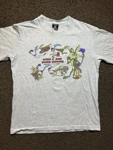 Vintage 90s Looney Tunes Road Runner And Wile E Coyote Medium Gray T Shirt Rare - Picture 1 of 9