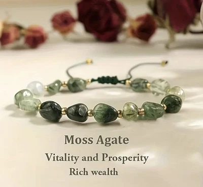 ✅ Stylisches Moosachat Edelstein Armband Rohstein Naturstein Boho Grün Gold✅ - Bild 1 von 4