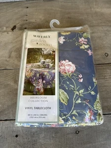 WAVERLY Garden Room Heirloom Blue Floral Toil Vinyl Tablecloth 60” x 84” Oblong - Picture 1 of 16