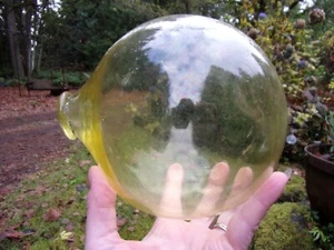 unusual antique yellow fishing float w/partial net~hand blown THIN GLASS strange - Picture 1 of 12