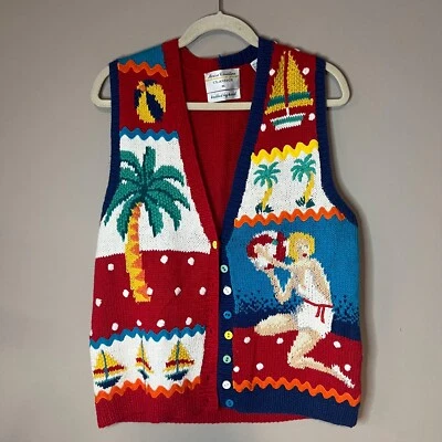 Marisa Christina Beach Pin Up Nautical Sailing Sweater Vest Womens M Hand Knit - Image 1 of 4