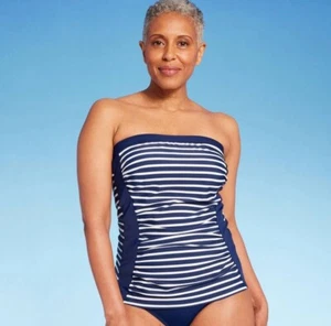 NWT~ Lands End sz L 14-16 Bandeau Swimsuit Top Navy Striped Tankini Remove strap - Picture 1 of 9