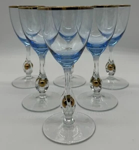 RARE Lyngby Amethyst Blue Danish Crystal Wine Glass Stems (6) Gold Ball 7" Tall - Picture 1 of 8