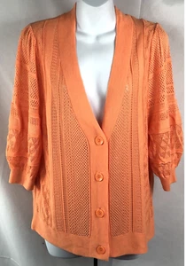Cato cardigan sweater L orange plunge V-neck 1/2 sleeve crochet lace Knit Top - Picture 1 of 7