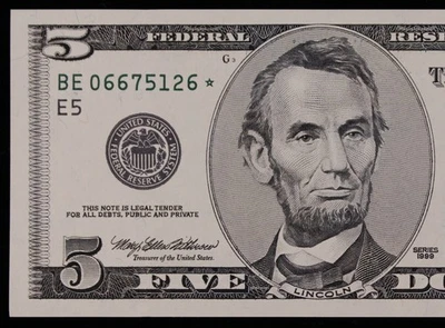 $5 1999 GEM CU Star Federal Reserve Note BE06675126* LOW 320K Print, Richmond E5 - Image 1 of 3