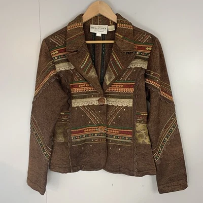 Mujer Bellissima Bordado Marrón Blazer Botón Frontal Chaqueta Pequeña Tweed Foto 1 de 4