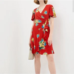 Vestido jersey elástico floral envolvente para mujer Lauren Ralph Lauren talla 12 rojo nuevo con etiquetas - Imagen 1 de 8
