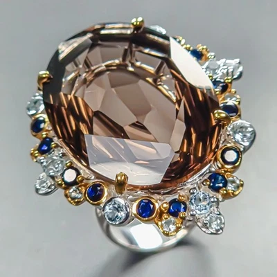 Anillo de cuarzo ahumado natural vintage de 60 quilates+ de plata de ley 925 talla 8/R444782 Foto 1 de 4