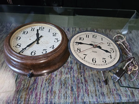 SCHOOL 1940s  BAKERLITE WALL CLOCK + MAGNETA LARGE WALL CLOCK BOTH RENOVATION Cover