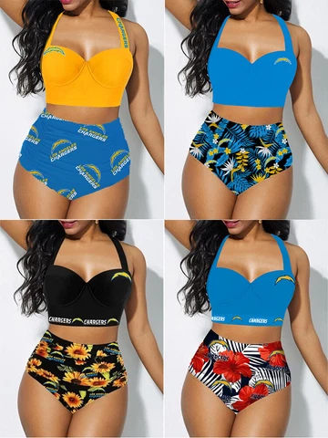 Los Angeles Chargers 2PCS Womens Floral Bikini Butt Lift Swimsuit Bathing Suit Cover