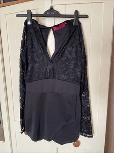 BOOHOO Ladies Black Lace Ponte Long Sleeve Skort Stretch Playsuit Size 10 - Picture 1 of 8