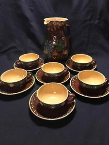 13pc Brown Stoneware Embossed Dotted Floral Flower Tea Set Germany Signed - Picture 1 of 12