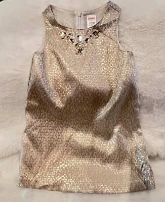 Niñas Gymboree Vacaciones Brillo Brocado Gema Vestido Dorado 5 Navidad Boda Crucero Foto 1 de 4