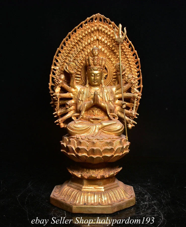 Статуэтка Авалокитешвара Бога из старой тибетской бронзы позолота 1000 гербов 10,8 дюйма   - Изображение 1 из 4