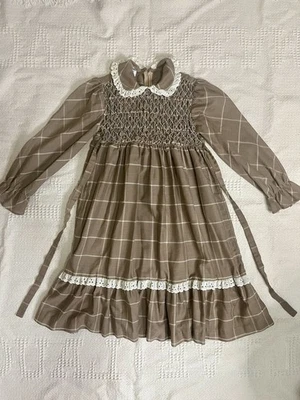 Vestido Vintage Polly Finders Calado Marrón Cuadros Encaje Niñas Talla 8 Foto 1 de 4