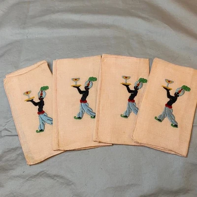 Juego de 4 servilletas de cóctel bordadas vintage caballero servir bebidas lino Foto 1 de 3