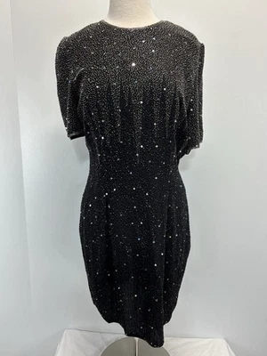 Vtg Stenay Beaded Dress Sz 16 Women’s Black Sequins Silk Short Sleeve Formal - Image 1 of 4