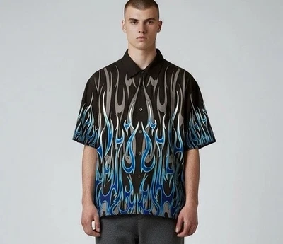 Camisa De Colección Años 90 Guy Fieri Llamas Fuego Abotonada Motociclista Costa Oeste Choppers Med Foto 1 de 4