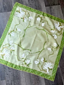 Vintage Vera Neumann Scarf 100% Silk White Flowers Gold Green Trim Hand Rolled - Picture 1 of 5