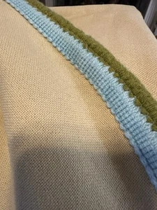 Handmade Modern Beige Oval Tablecloth Blue Olive Green Trim Vintage Retro 44x58” - Picture 1 of 9