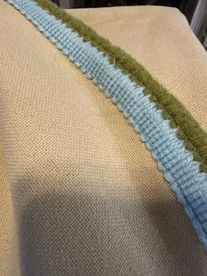 Handmade Modern Beige Oval Tablecloth Blue Olive Green Trim Vintage Retro 44x58” - Image 1 of 4