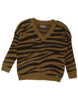 SUPERDRY Womens Oversized V-Neck Jumper Sweater UK 6 XS Khaki Animal Print UV03 - Image 1 of 3
