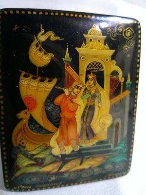 Caja de laca negra rusa Palekh siete simeones семь Симеонов firmada Golikova Foto 1 de 4